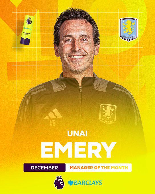 官方：埃梅里当选英超12月最佳主帅，当月联赛6胜1负